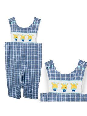 Lil Cactus Boys Blue Giraffe Smocked Longalls Romper Outfit 18-24m